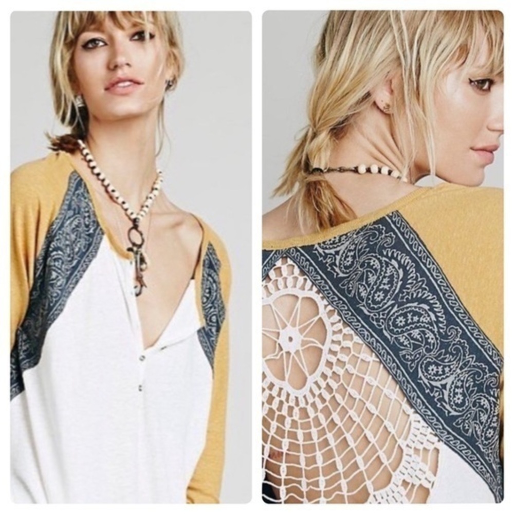 Free People Road Trip Crocheted Henley Crop Raw Hem Rare